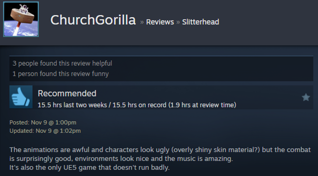 Screenshot showing a Steam user review of Slitterhead.